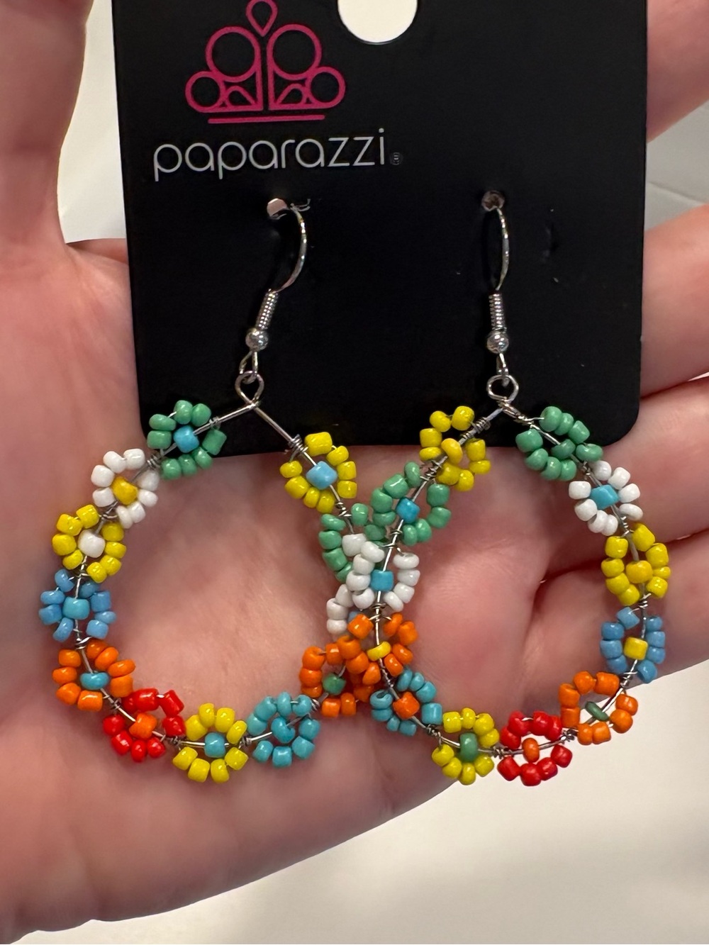 Paparazzi Festively Flower Child Boho Beaded Daisy Hoop Earrings Multicolor.